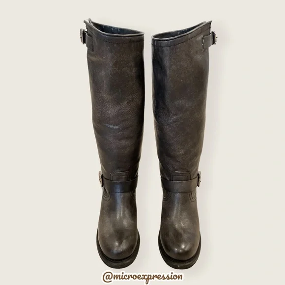 Frye Vera Slouch Grey Black Leather Block Heel Moto Knee High Tall Buckle Boot - Picture 7 of 13